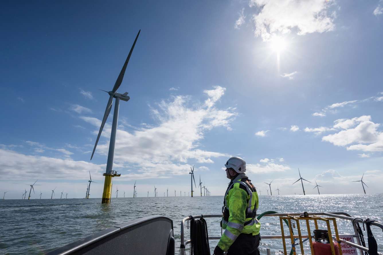 Worker looking at offshore wind farm